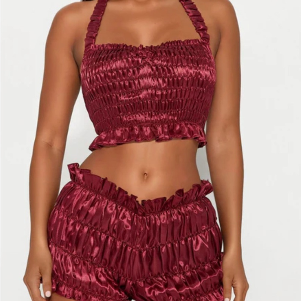 Fashion Nova Satin Ruched Maroon Shorts Set